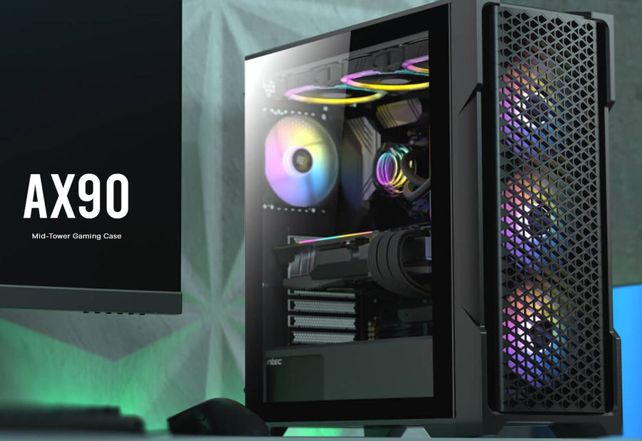 Antec AX90 ATX, 2x 360mm Radiator Support, 4x ARGB 12CM Fans 3x Front & 1x Rear included. RGB controller for six fans. Mesh Tempered Glass Case (LS)