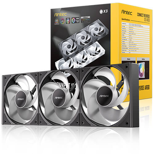 Antec Connect C120R Reverse Black ARGB 3PK, 120mm ARGB PWM fan, 800-1800RPM, 43.2CFM, 1.29mmH2O, 27.2dBA, hydraulic bearing, 30000h, 1y WTY