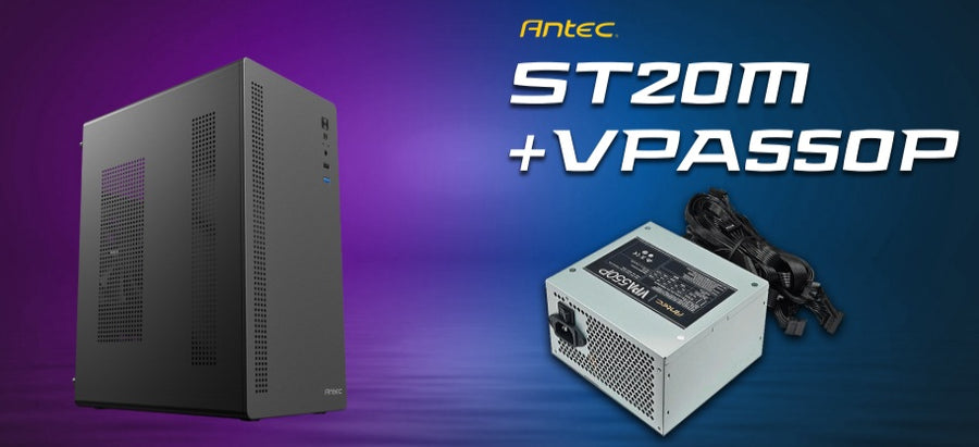 Antec ST20M + VPA550P, Mid Tower, mATX/ITX, 1x120mm Rear Fan, GPU ≤265mm, CPU ≤150mm, 550W PSU, Active PFC, 2x PCIe Cases &