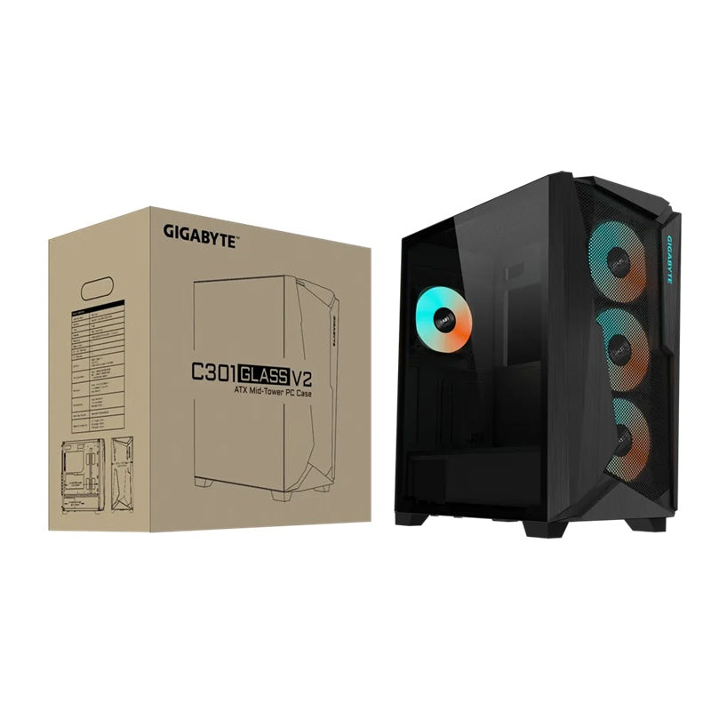 Gigabyte C301V2 RGB Tempered Glass E-ATX Black Mid Tower Gaming Chassis  2x3.5' 2x2.5' 2xUSB3.0 Detachable Dust Filter Liquid Cooling PSU Standard ATX