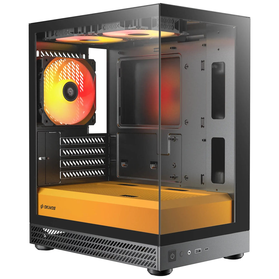 OKINOS AQUA UNO CANARY, Mini Tower, Micro-ATX/ITX, tempered glass, 3×120mm ARGB fans, USB 3.0 + Type-C, ≤309mm GPU, ≤165mm