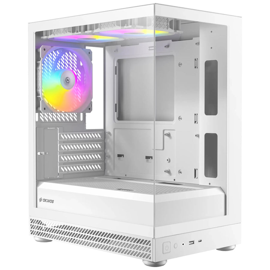OKINOS AQUA UNO POLAR, Mini Tower, Micro-ATX/ITX, tempered glass, 3×120mm ARGB fans, USB 3.0 + Type-C, ≤309mm GPU, ≤165mm