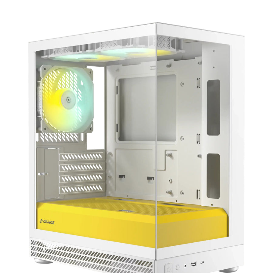 OKINOS AQUA UNO YOLK, Mini Tower, Micro-ATX/ITX, tempered glass, 3×120mm ARGB fans, USB 3.0 + Type-C, ≤309mm GPU, ≤165mm CPU