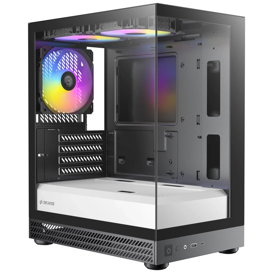 OKINOS AQUA UNO ZEBRA, Mini Tower, Micro-ATX/ITX, tempered glass, 3×120mm ARGB fans, USB 3.0 + Type-C, ≤309mm GPU, ≤165mm
