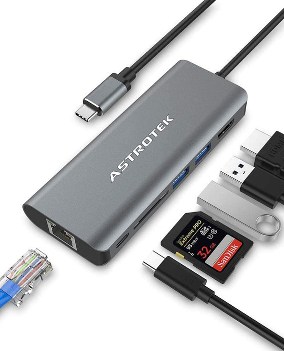Astrotek USB-C Dock 6-in-1 Multiport Hub/Docking Station with 60W Power 1xHDMI 4K GLAN 2xUSB3.0 Card Reader for HP Lenovo Asus MacBook Chromebook