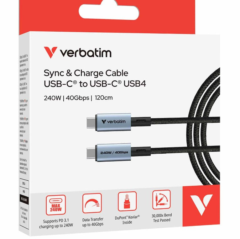 Verbatim Sync & Charge USB C to USB C 240W 40 Gbps120 cm Cables CBV-31847