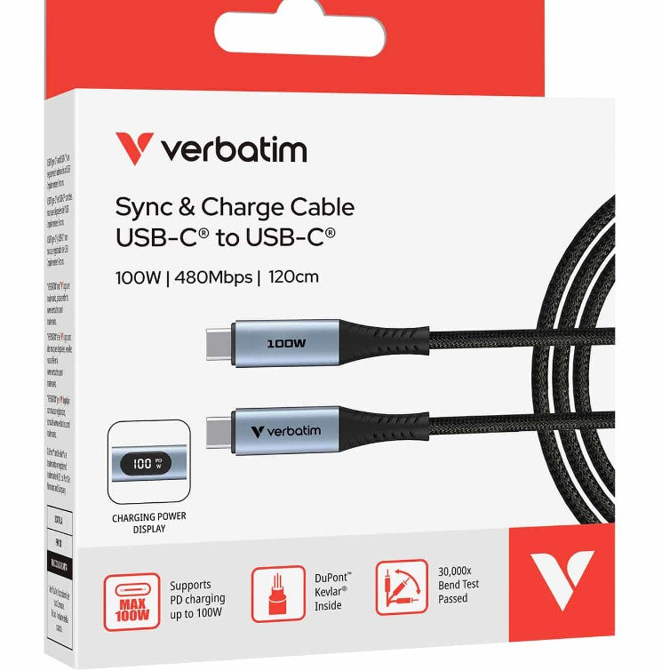 Verbatim Sync & Charge USB C to USB C 100W Display 120 cm Cables CBV-31848