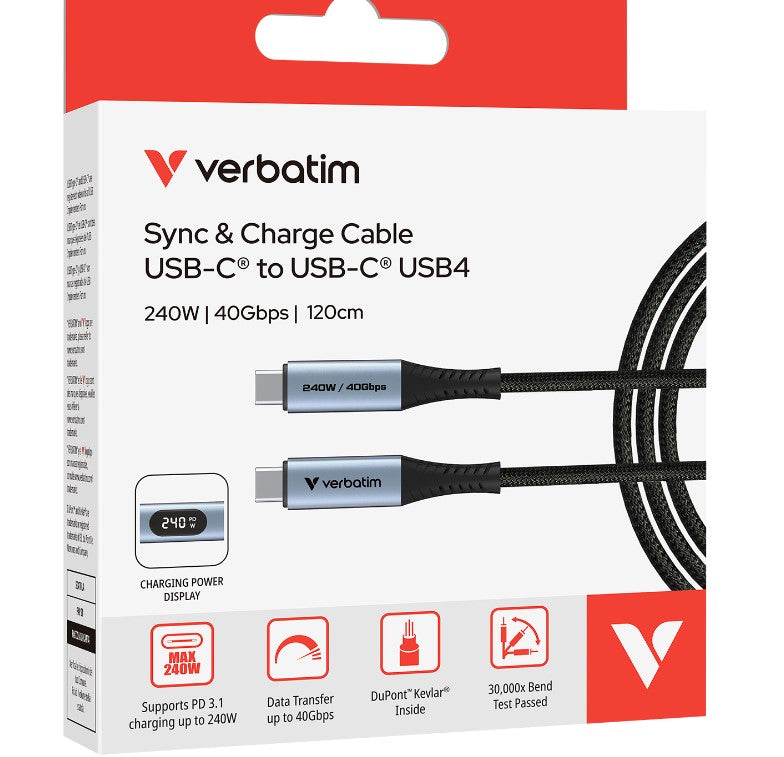 Verbatim Sync & Charge USB C to USB C 240W 40 Gbps Display 120 cm Cables CBV-31849