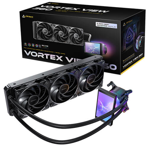 Antec Vortex View 360, 360mm AIO, Intel LGA115X/1200/1700/1851, AMD AM4/AM5, 3x120mm PWM fans, 2000 RPM, 59.23 CFM, ≤28.6