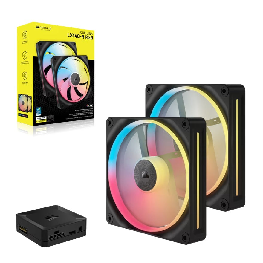 Corsair iCUE LINK LX140-R RGB 140mm PWM Reverse Fans Starter Kit Dual Pack -Black: 90.6 CFM, 2000 RPM, 38.3 dBA, 0.45A,