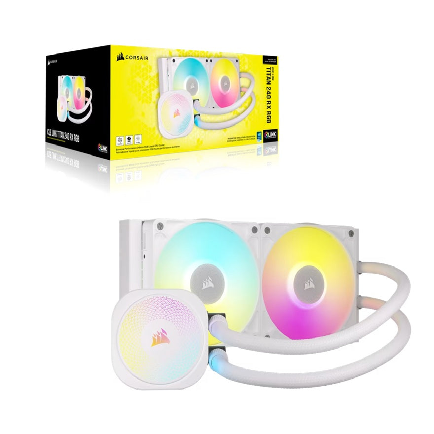 Corsair iCUE LINK TITAN 240 RX RGB AIO Liquid CPU Cooler - White, 73.5 CFM, 2100 RPM, Aluminum Radiator, Copper Cold Plate,