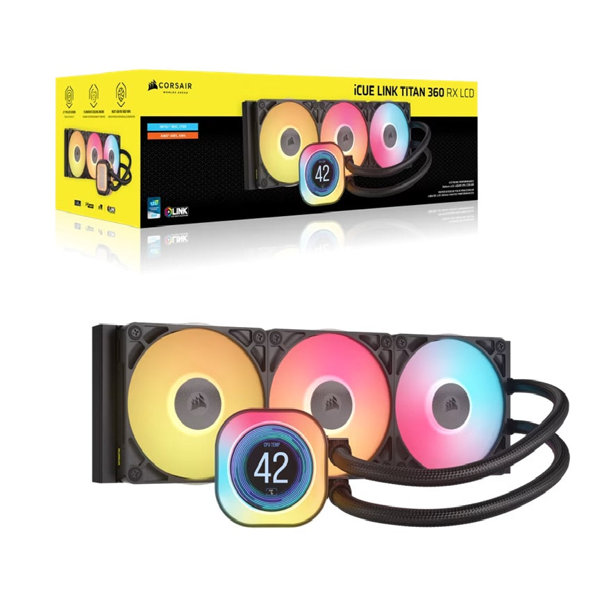 Corsair iCUE LINK TITAN 360 RX LCD Liquid CPU Cooler - Black: 73.5 CFM, 2100 RPM, 36 dBA, Aluminum Radiator, Copper Cold