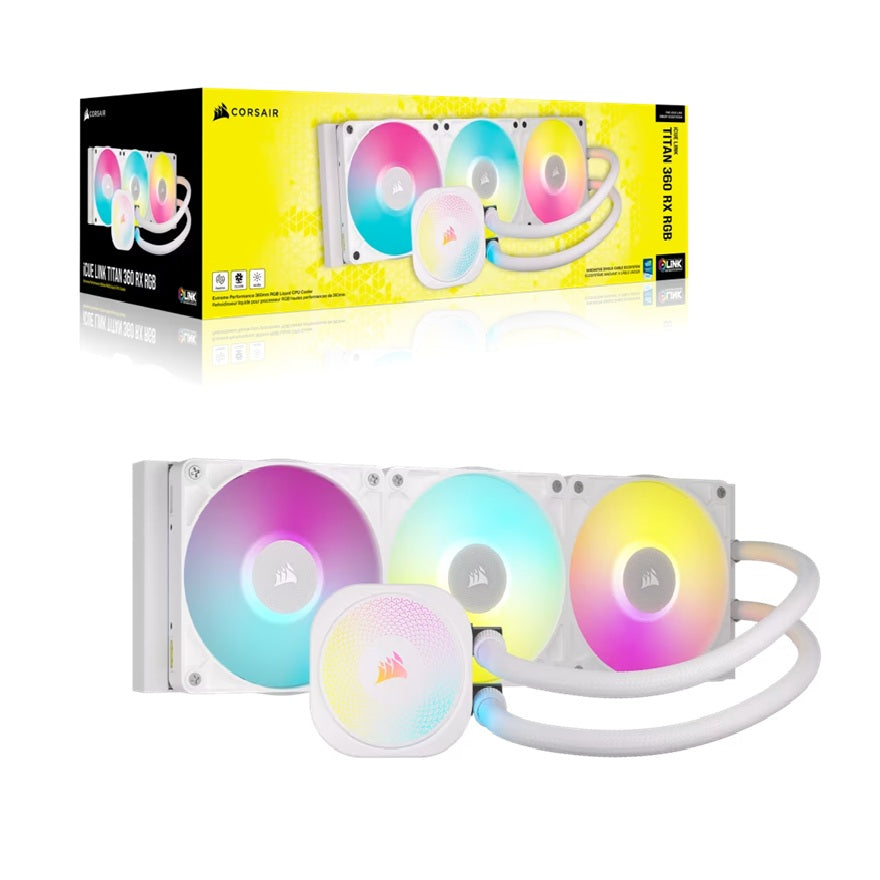 Corsair iCUE LINK TITAN 360 RX RGB AIO Liquid CPU Cooler - White: 73.5 CFM, 2100 RPM, Aluminum Radiator, Copper Cold Plate,