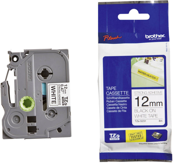 Brother 12mm Black on White Strong Adhesive TZE Tape