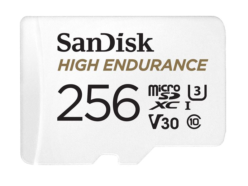 SanDisk High Endurance 256GB microSD 100MB/s 40MB/s 20K hrs 4K UHD C10 U3 V30 -40°C to 85°C Heat Freeze Shock Temperature