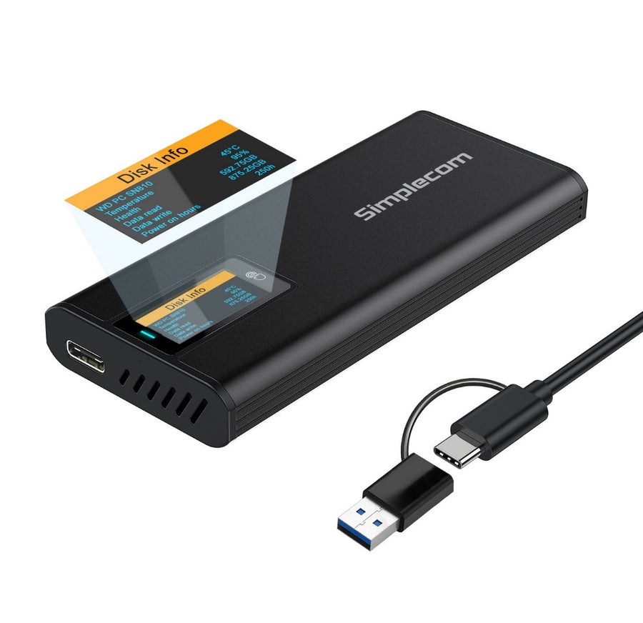 Simplecom SE530 NVMe / SATA M.2 SSD to USB-C Enclosure with SMART LED Screen USB 3.2 Gen 2 10Gbps Hard Drives - External