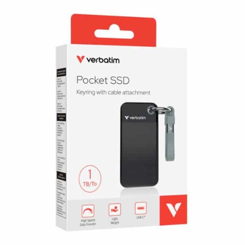 Verbatim 1TB Pocket SSD USB 3.2 Gen 2 1TB Black Grey. Convenient Keyring cable holder. Compact, Rugged. Ultra Lightweight