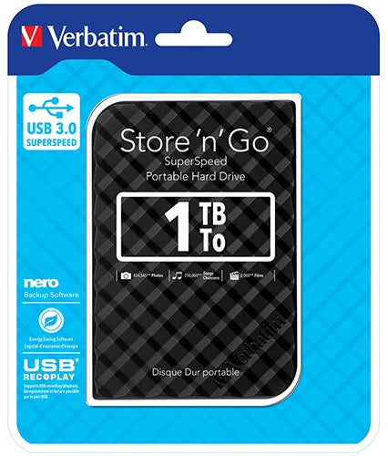 Verbatim 1TB 2.5' USB 3.0 Black Store'n'Go HDD Grid Design, Ultra Portable, High Speed & Capacity. Backup and Store + Nero