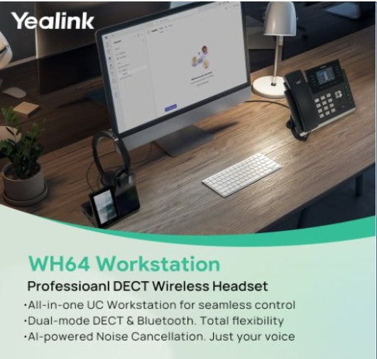 Yealink WH64 Dual Workstation, Yealink WH64 Workstation is an industry-leading DECT wireless headset with dual/single-ear