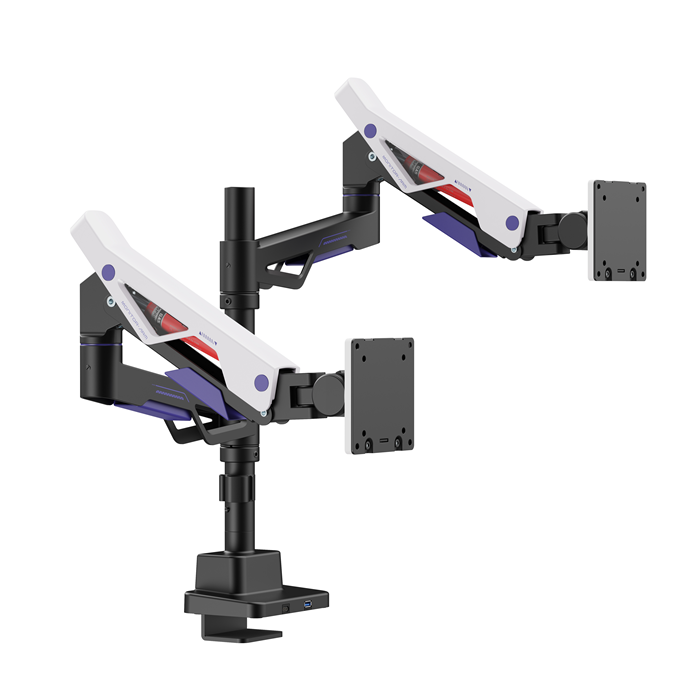 Brateck LDT95-C024UCP Atlas Neo Gaming Pole-Mounted Dual Monitor Arm with USB-A & USB-C Ports For most 24'~57' Monitors, Matte Black & White (New)