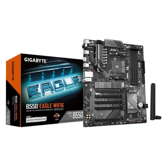 Gigabyte B550 EAGLE WIFI6 AMD ATX motherboard with AM4 support, Ryzen 3000–5000 CPUs, DDR4 up to 128GB, PCIe 4.0, dual M.2,