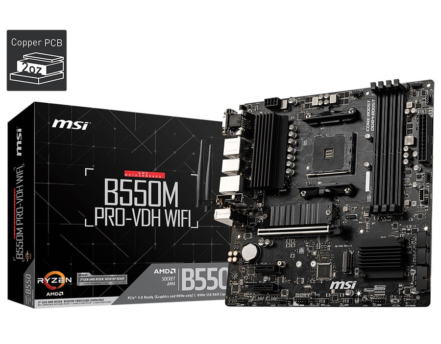 MSI B550M PRO-VDH WIFI Motherboard AMD Ryzen AM4, 4xDDR4, support up to 128GB, 1xPCIe 4.0/3.0 x16 slot, 4xSATA 6Gb,
