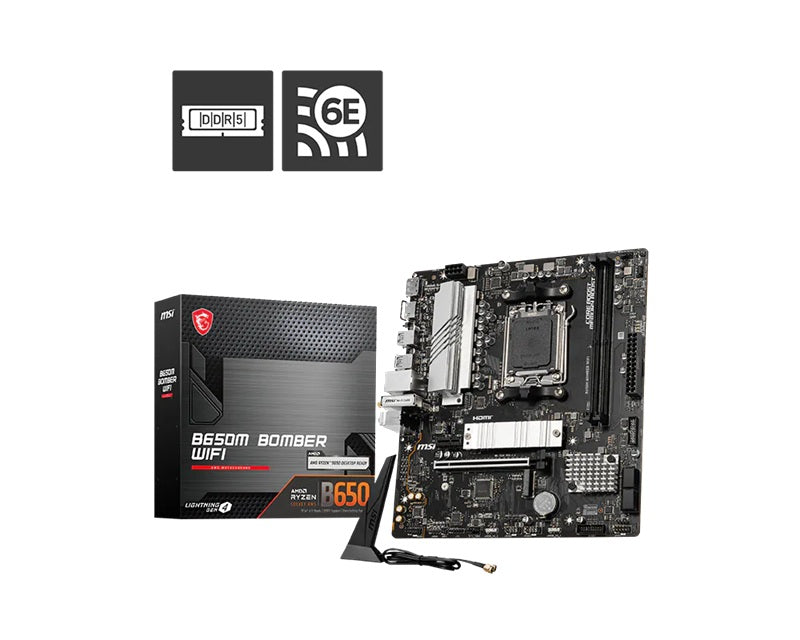 MSI B650M BOMBER WIFI AMD AM5 MATX Motherboard, 2x DDR5 ~128GB, 1x PCI-E x16, 2x M.2, 4x SATA, 6x USB 2.0 Motherboards