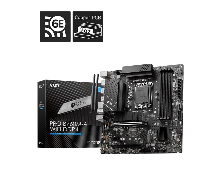 MSI PRO B760M-A WIFI DDR4 mATX Motherboard, 4x DDR4~128GB, 2x PCI-E x 16, 1x PCI-E x 1, 2x M.2, 4x SATA, 4x USB 3.2 , 2x USB