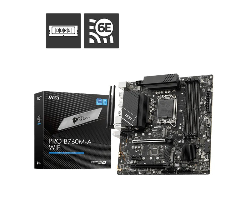 MSI PRO B760M-A WIFI DDR5, LGA1700, B760, 4xDDR5 6800+, 2xM.2, WiFi 6E, BT5.3, 2.5G LAN, 2yr wty Motherboards