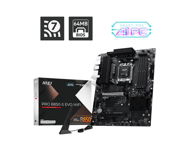 MSI PRO B850-S EVO WIFI, AMD B850, AM5, Ryzen 9000/8000/7000, 4xDDR5 256GB 8200+MT/s OC, PCIe 5.0 x16, 3xM.2, 5G LAN, Wi-Fi