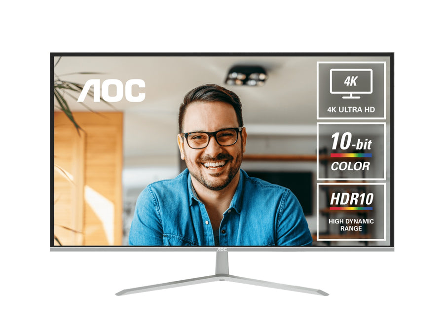 AOC 31.5' 4K Monitor – UHD 3840×2160 @60Hz, VA panel, 4ms GtG, 124% sRGB, DP 1.4, HDMI 2.0, 1.07B colors, Delta E<2, tilt