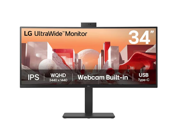 LG 34' UltraWide QHD Curved IPS Monitor with 3440x1440 resolution, sRGB 99%, HDR10, USB-C PD 90W, FHD webcam, mic, speakers
