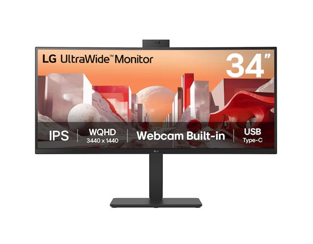 LG 34' UltraWide QHD Curved IPS Monitor with 3440x1440 resolution, sRGB 99%, HDR10, USB-C PD 90W, FHD webcam, mic, speakers