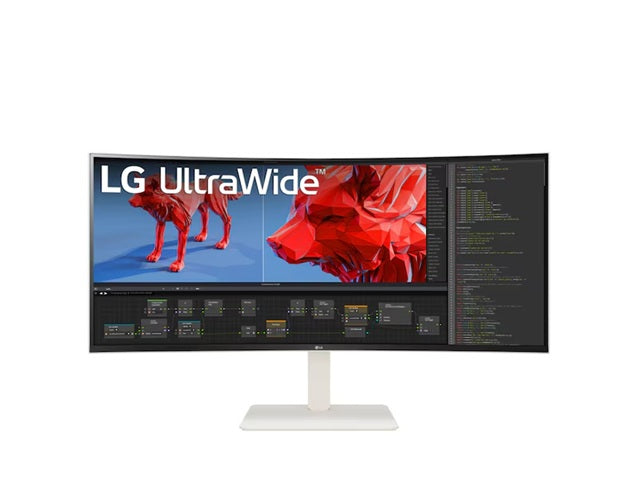 LG 38' UltraWide QHD+ Curved Monitor with 3840x1600 Nano IPS display, HDR600, DCI-P3 98%, 144Hz, 1ms, USB-C, KVM, and