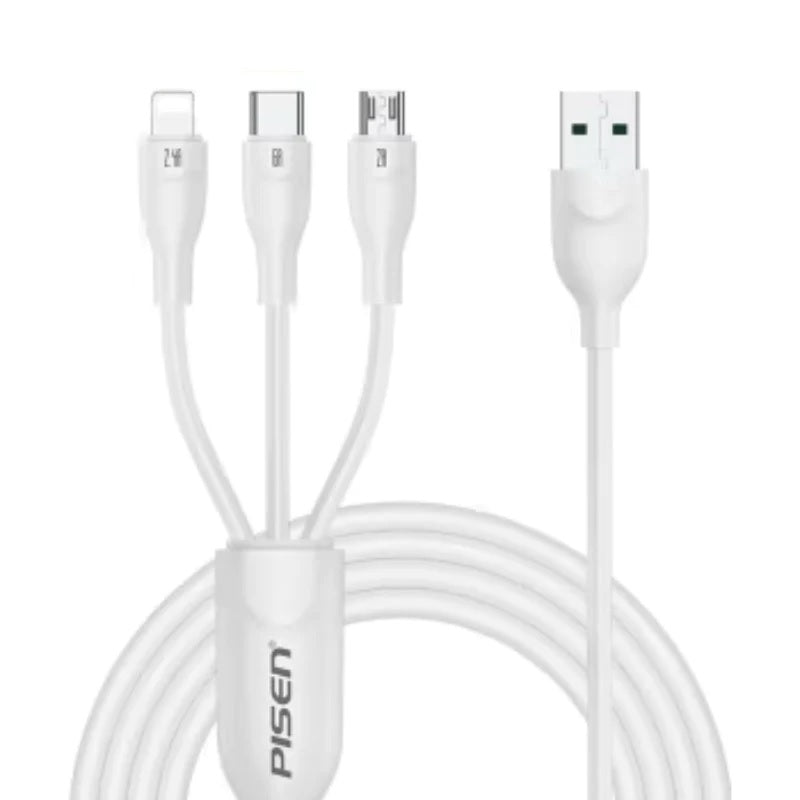 Pisen 3-in-1 USB-A to Lightning + USB-C + Micro-USB Cable (1.2M) White - 6A Superfast, Samsung Galaxy,Apple