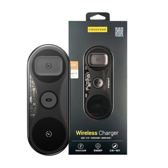 Pisen 3-in-1 Wireless Charging Station - Black, Supports Qi-2 Outputs (15W) , Supports Universal Type-C, Multi-Protection