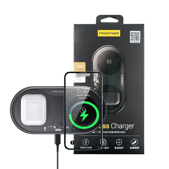 Pisen 2-in-1 Wireless Charging Station- XY-C18/Black,Supports Qi-2 Outputs (15W) ,Supports Universal Type-C,Multi-Protection