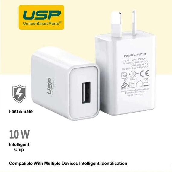 USP 10W USB-A Fast Wall Charger White - Intelligent Chip, Smart Charging, Output Voltage DC5V/3A, Output Current 2A max, 2 Years Warranty