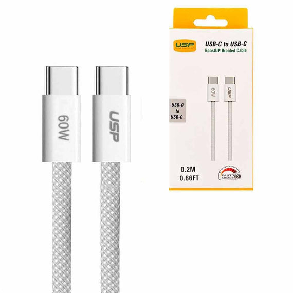USP boostUp Braided USB-C to USB-C Cable (0.2M) - White, 3A/60W, 480Mbps, 40K+ Bends, Solid & Durable, Safe & Fast, Apple iPhone, Samsung Galaxy