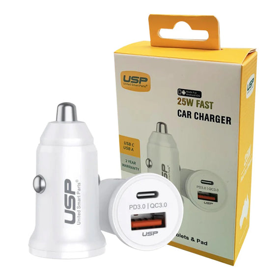 USP 43W Dual Port Fast Car Charger - White, 1xUSB-C(25W), 1xUSB-A(18W QC 3.0), Compact & Lightweight, 5 Years Warranty Car