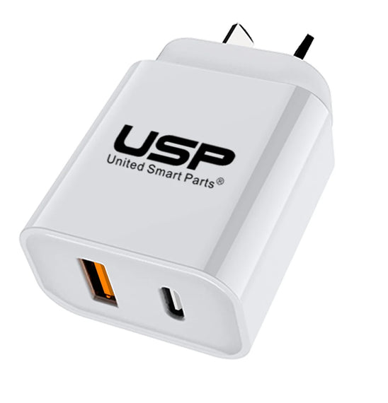 USP 20W Dual Port (20W USB-C PD + 18W USB-A QC3.0) Fast Wall Charger White, Safe Charge,Charge 2 Devices Simultaneously, 2 Years Warranty