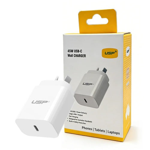 USP 45W GaN Single USB-C PD Power Adapter - White, Compact Design, Smart and Reliable, Built-in Safety Protection, 5 Years