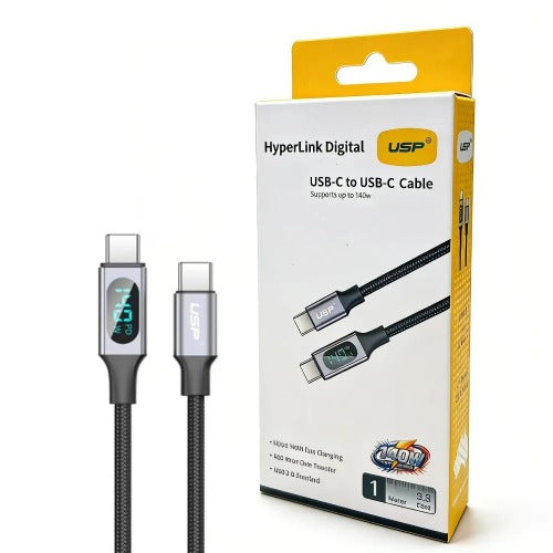 USP Braided HyperLink USB-C to USB-C (1M) Digital Display Cable - Black, Charge & Connect,Digital Display,140W PD, 5 Years