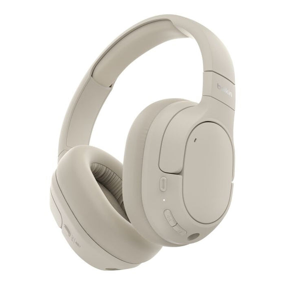 Belkin SoundForm Isolate Noise Cancelling Over-Ear Headphones - Sand (AUD008fqSA), 60 hours, Multipoint Technology,
