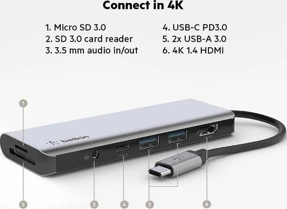 Belkin Connect USB-C 7-in-1 Multiport Hub Adapter - Space Grey (AVC009btSGY), 100W PD, 5 Gbps, 1x 4K HDMI, 2x USB-A, 1x USB-C, 1x SD, 1x 3.5mm,2 Years
