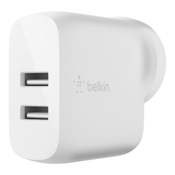 Belkin BoostCharge Dual USB-A Wall Charger 24W - White (WCB002auWH), 2xUSB-A (12W), Safe & Efficient, Apple iPhone, CEW $2500, 2 Years Warranty