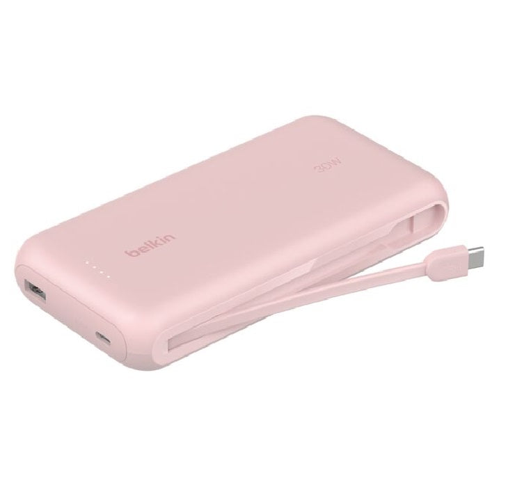 Belkin BoostCharge 20K mAh Power Bank With Integrated USB-C Cable - Pink (BPB024fqPK), 30W, 2xUSB-C, 1x USB-A, CEW $2,500,