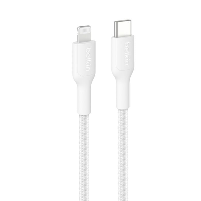Belkin BoostCharge Pro Braided Lightning to USB-C Cable (1M) - White (CAA022FQ1MWH),3A/15W, 480Mbps,350K+ Bends,Apple,