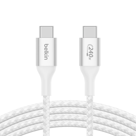 Belkin BoostCharge Braided USB-C to USB-C PD 3.1 Cable (2M) - White (CAB015bt2MWH), 5A/240W, 480Mbps, 30K+ Bends, Apple iPhone, 2 Years Warranty