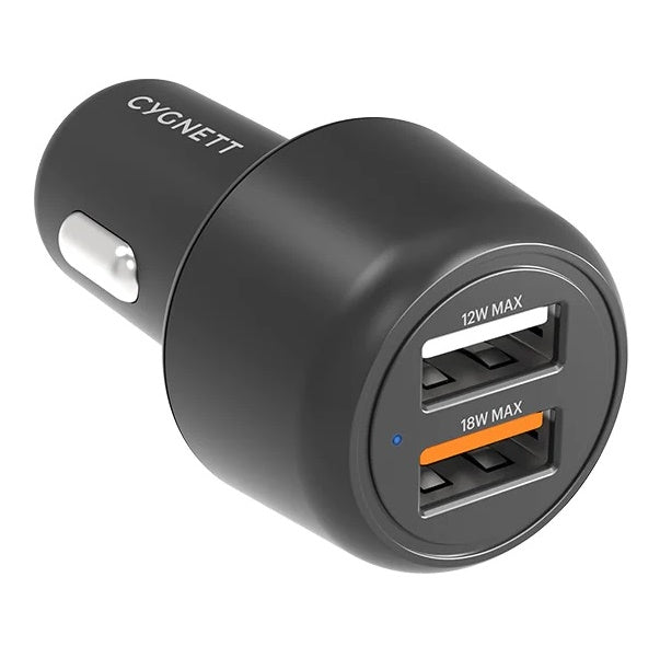 Cygnett CarPower 30W Dual Port Car Charger - Black (CY3680CYCCH), 2xUSB-A(12W & 18W QC 3.0), 3.6x faster than standard 5W, 2